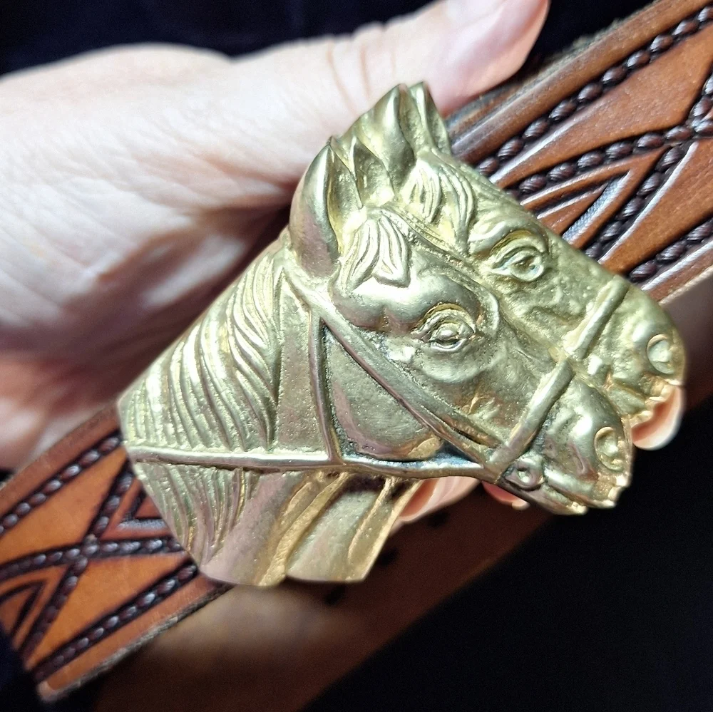 Solid Brass 2 Horse Head Belt Buckle
